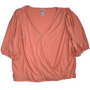 Worthington Blouse Coral V-Neck Snap Elastic Pleated Career Top Women Size Large